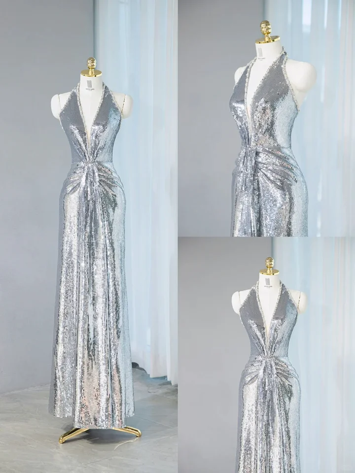 Strieborné šumivé celebrity šaty luxusné flitry Preated bez rukávov Sexy V-krk backless formal príležitosti Banketové večierky večerné šaty