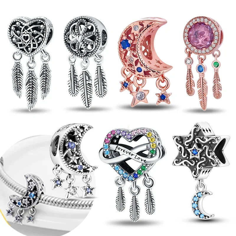 Striebro 925 hviezd vzor mesiaca Svar Dreamcatcher Charm Srdce Love Love Fit Pandora Originálny náramok pre ženy DIY jemné darčeky
