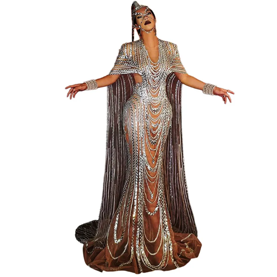 Striebro žiariace krištáľové flitry šatky dlhé šaty pre ženy festival večerný pódium speváčka Drag Quars Costume Party oslavovať