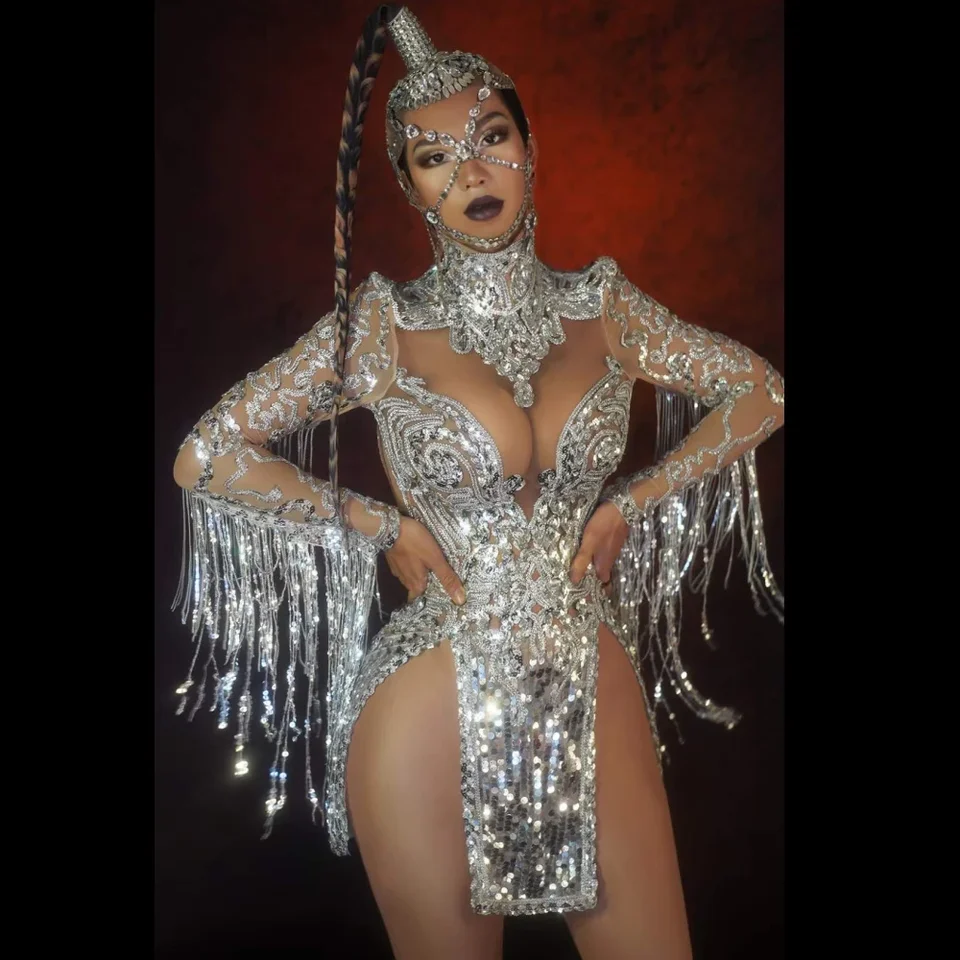 Striebro žiariaci flitry Dámske šaty Sexy perspektíva brušné tanečné pódium kostým Nightclub Bar oslavovať outfit Drag Queen