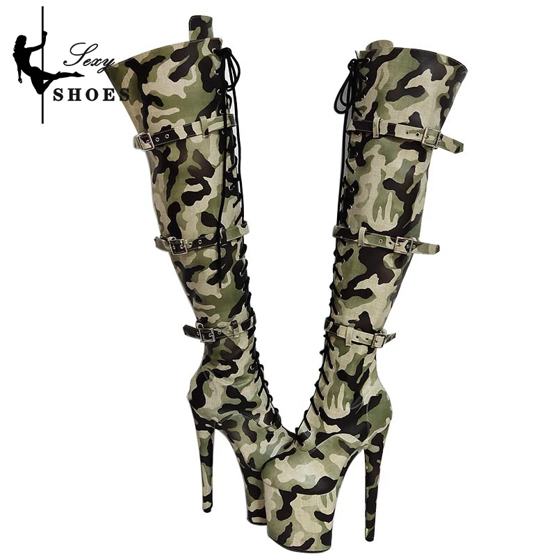 Stripper 20cm/8inch Camouflage Sexy Over-the-Knee Boots Platforma vysoké podpätky Gothic Style Nočný klub Sexy tyč Dancing Shoes topánky