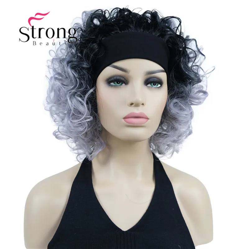 StrongBeauty Ombre Silver Grey s čiernymi krátkymi kučeravými syntetickými ženami polovica parochne s čelenkou