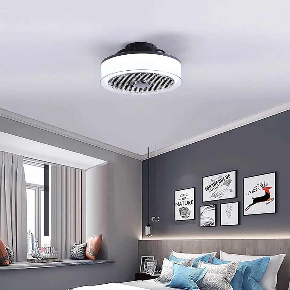 Stropný ventilátor bez čreva s diaľkovým ovládaním do spálne, okrúhly poloplop držiak, nízky profil, 15 v