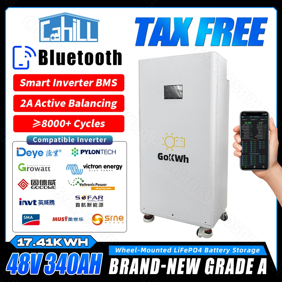 Stupeň A 48V 340AH LIFEPO4 Batéria 2A Aktívne vyváženie s BT LCD 16S 200A BMS 51.2V BATTERI pre domáci energetický skladovací systém