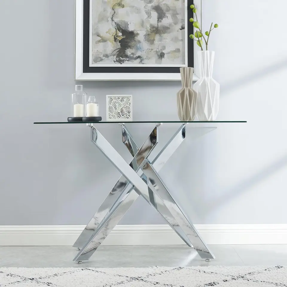 Style Console Table úzky stolík na pohovku s temperovaným skleneným horným a kovovými rúrkovými nohami, 45 