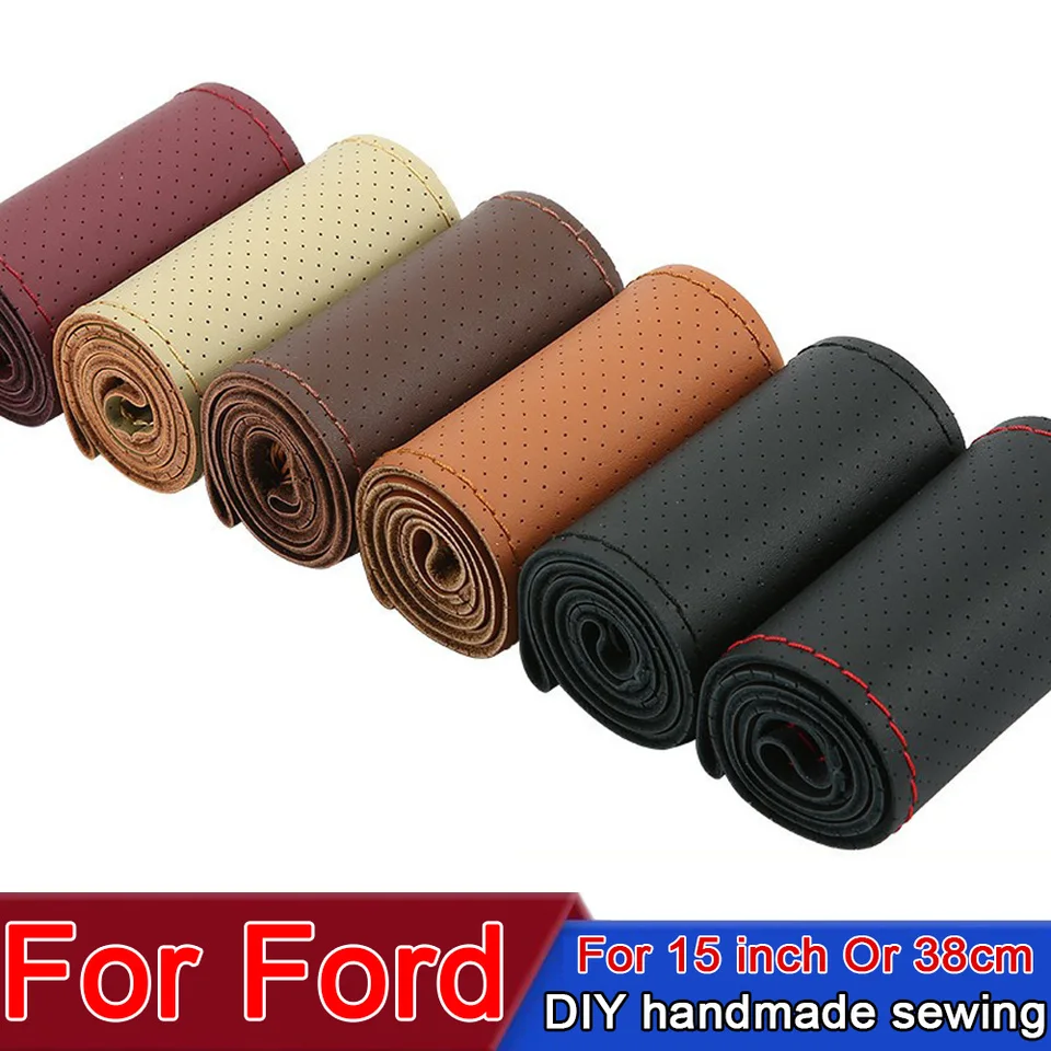 Styling automobilu 38 cm DIY auto na volant Cover Skutočný kožený kryt vrkočov pre Ford Focus 2 3 4 5 Mondeo Mk2 Mk3 Mk4 Mk7 Fiesta