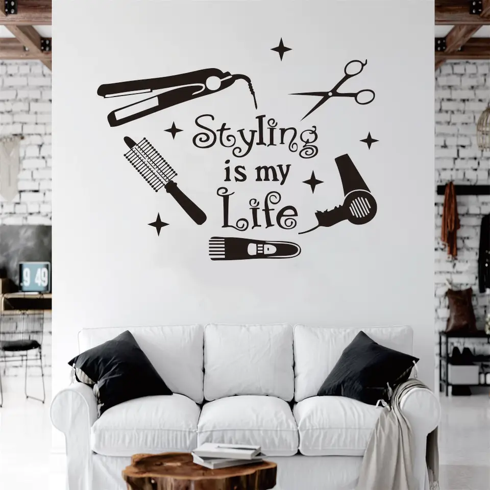 Styling je môj život vinyl odnímateľné nálepky pre nožnice Comp and Hair Ducher stena nálepky vhodné pre steny kaderníckeho salónov JZY250