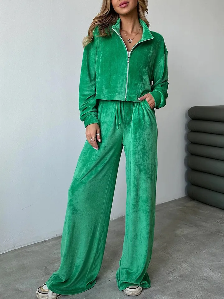 Stánok Golier Bundy dlhé nohavice Ženy Set Femme Streetwear Pocket Pants Dvojdielne nastavené jesenné zimné pleuche nohavice ležérny oblek