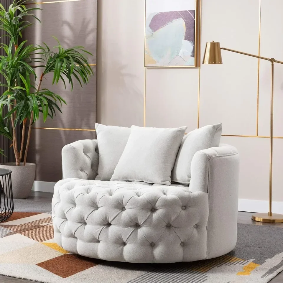 Stávka Stivel Accent Barrel, Lounge Club Round Stolil Linen Tkanina pre obývaciu izbu Hotel s 3 vankúšmi, moderná pohovka