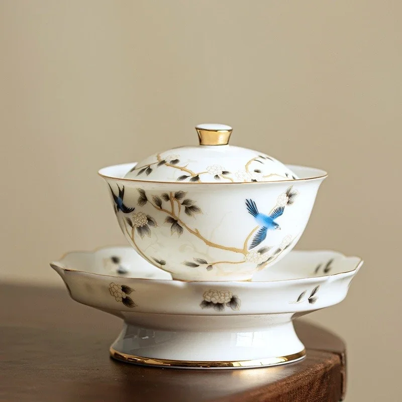 Suet Jade Čínsky biely porcelánový vták Gaiwan pre čaj Tureen s vekom čaju kung fu čajový súprav