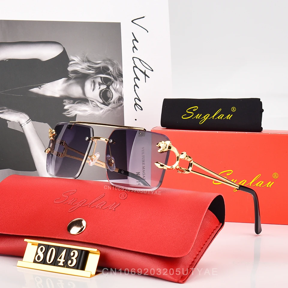 Suglau American Luxury Brand Dámske slnečné okuliare Fashion Leopard Head Ultra Light Frame kovový štvorcový gradient Sun Gula