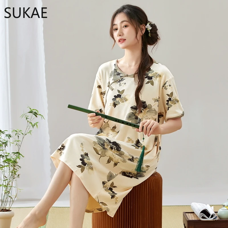 Sukae čínsky retro štýl Žena Sleepshirt Príležitostné letné faux bavlnené spodné prádlo módne nočná nočná nočná nočná dreska Príležitostné elegantné dámske domáce šaty