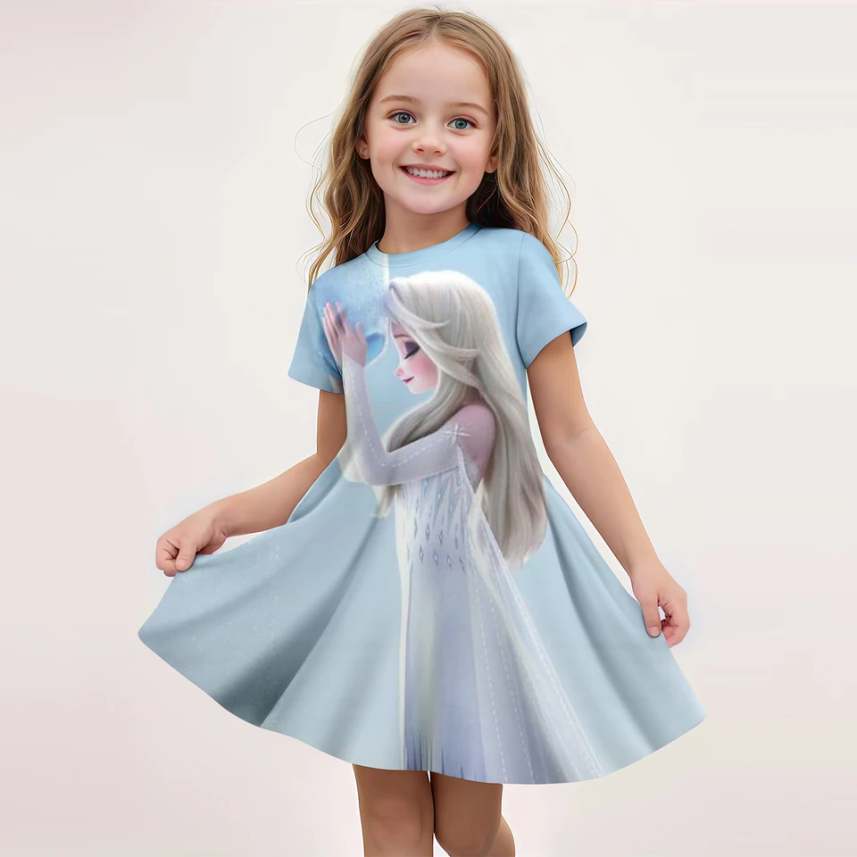 Sukňa mrazených letných dievčat Krátke rukávové šaty 3D tlačená karikatúra roztomilá Disney Princess Fashion Mnso Priedušná odevná párty