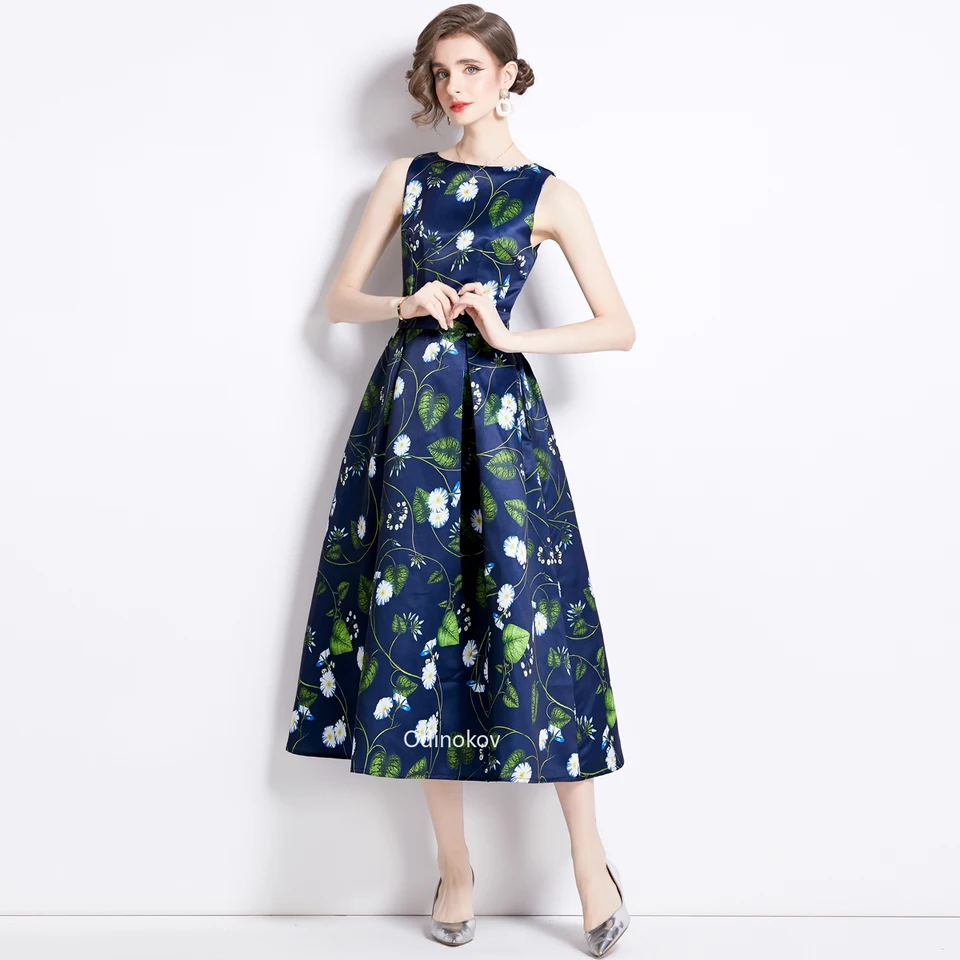 Sukňu A-Line s vysokým pásom bez rukávov s trojrozmernou rezanou v pásovej trúbke biele kvety retro letné Vestidos de Mujer