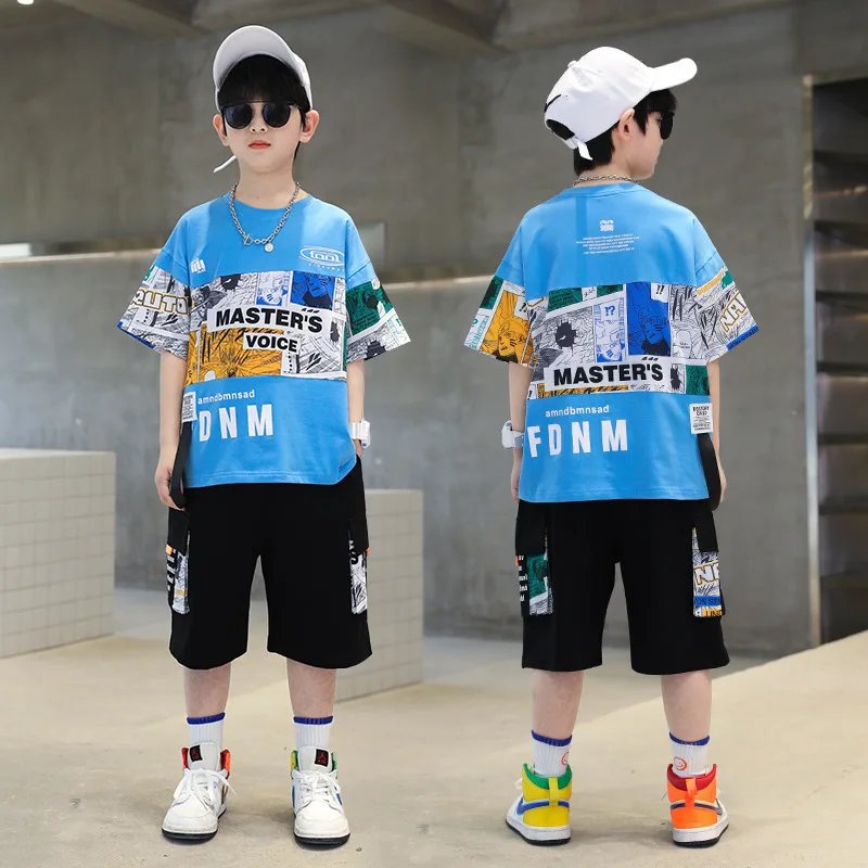 Summer Boys Cotton Abeceda Picture Tlačené Tričko Tops+Shorts School Kids Tracksuit Deti 2pcs outfit