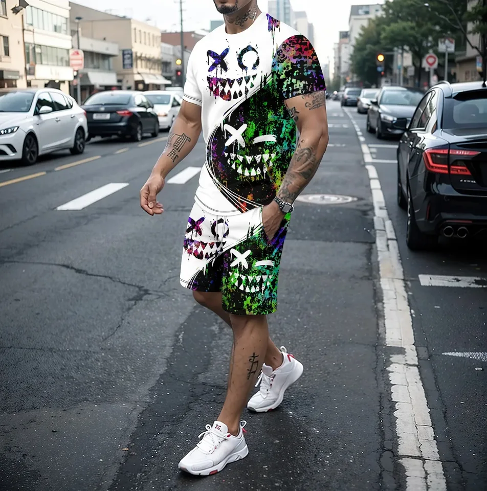 Summer muži Set Little Devil 3D tlačiareň Tričko+šortky 2-dielne módne odevy Príležitostné jogging Pánske trať