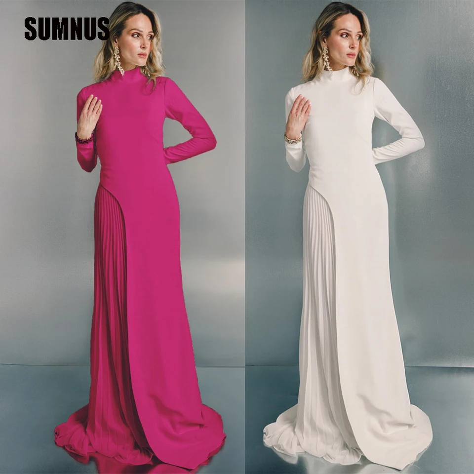 Sumnus fuschia večerné šaty dlhé rukávy Vestidos de fiesta para mjer elegantné záhyby formálne príležitosti šaty elegantné biele biele