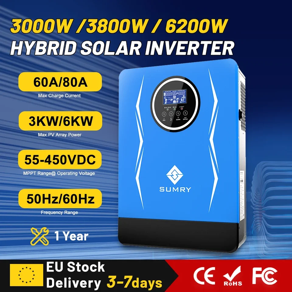 Sumry Solar Inverter 3KW 3,8KW 24VDC 48VDC 220V/230VAC OFF Mriežkový výkon Čistý sinine vlnový menič pre domáce použitie