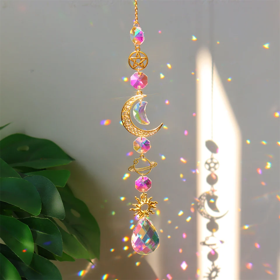 Suncatcher Crystal Wind Chime Star Mesiac Diamant zavesenie hranolov Svetlo Catcher Dúh