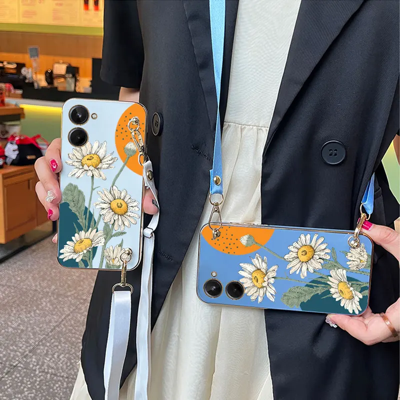 Sunflower Lanyard Plating Telefón puzdro pre Oppo Realme 10 10T 9Pro 9 9i 9Proplus 10proplus 8i 8 8pro 7pro 7 7i C25 C35 C15