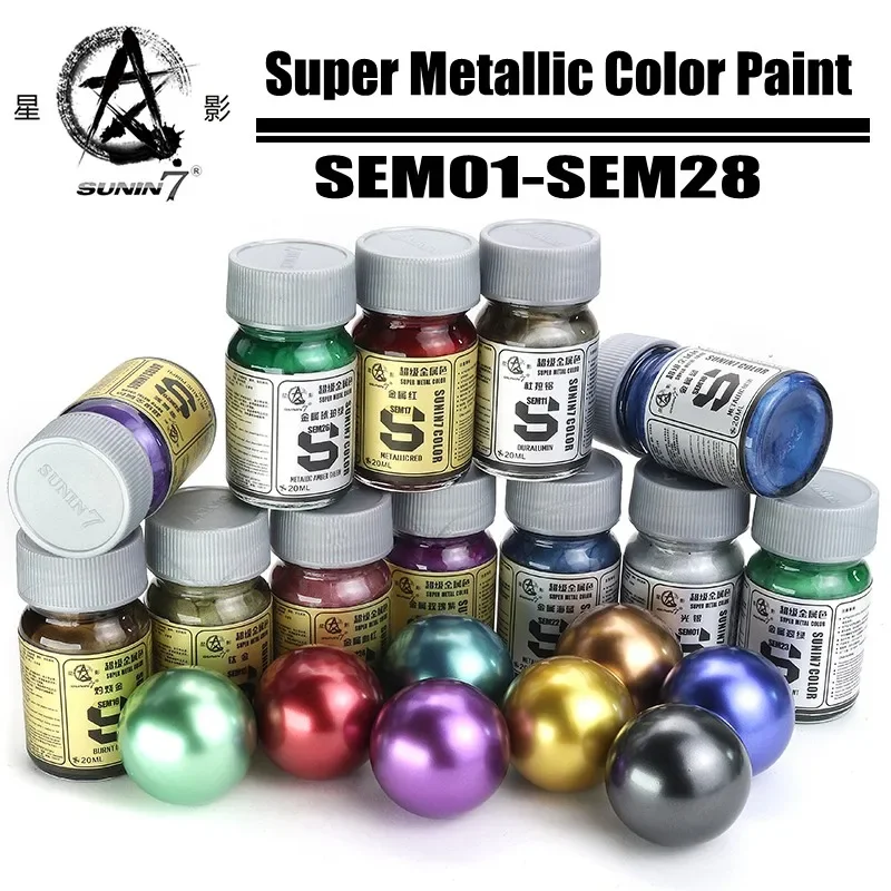 Sunin 7 SEM01-SEM28 20 ml super metalická farebná farba SEM SEM SEVER AKRYLIC Pigment Painting Tool pre montážny model HONY DIY Tools