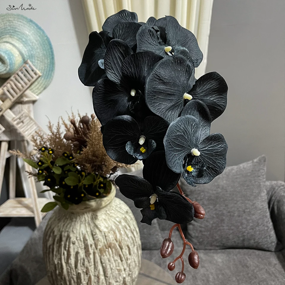 Sunmade Gothic Black Orchid Pobočka hodvábne umelé kvety Domov Hotel dekorácie Flores Artificales čierny motýľ kvet