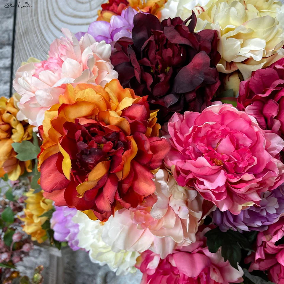 Sunmade Vintage veľké pivonky hodvábne umelé kvety Domáce dekorácie Jeseň dekorácia biela kvetina svadobná flores fleur artificielle