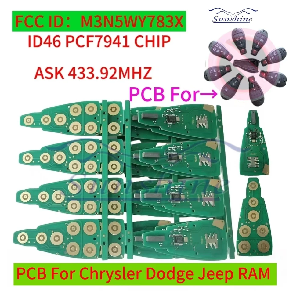 Sunshine PCB 433MHz 7941 Vzdialené auto Key FOB M3N5WY783X Pre Chrysler Town & Country Jeep Grand Cherokee Dodge Caravan Journey