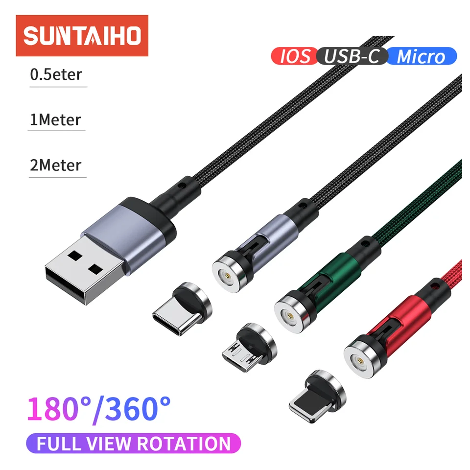 SUNTAIHO 540 Rotačný magnetický nabíjanie mobilného telefónu 3A MICRO USB C Kábel Magnetický mobilný telefón Kábel pre iPhone
