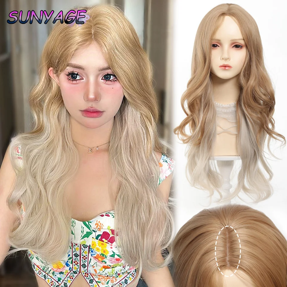 SUNYAGE Voda Zvlnenie Gradient Farba parochňa Gold Gradient Goldgold Dámska párty Parochňa Zvýšenie zafarbených zvlnených kučeravých vlasov Denná parochňa