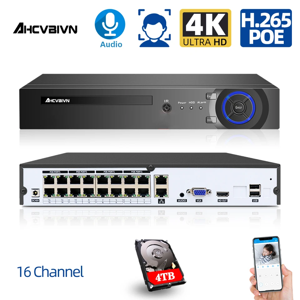 Super 4K 16Ch 8ch Poe NVR CCTV Systémová sieťová detekcia Detekcia P2P Video Surveillance Security Video Recorder pre Poe IP Camera