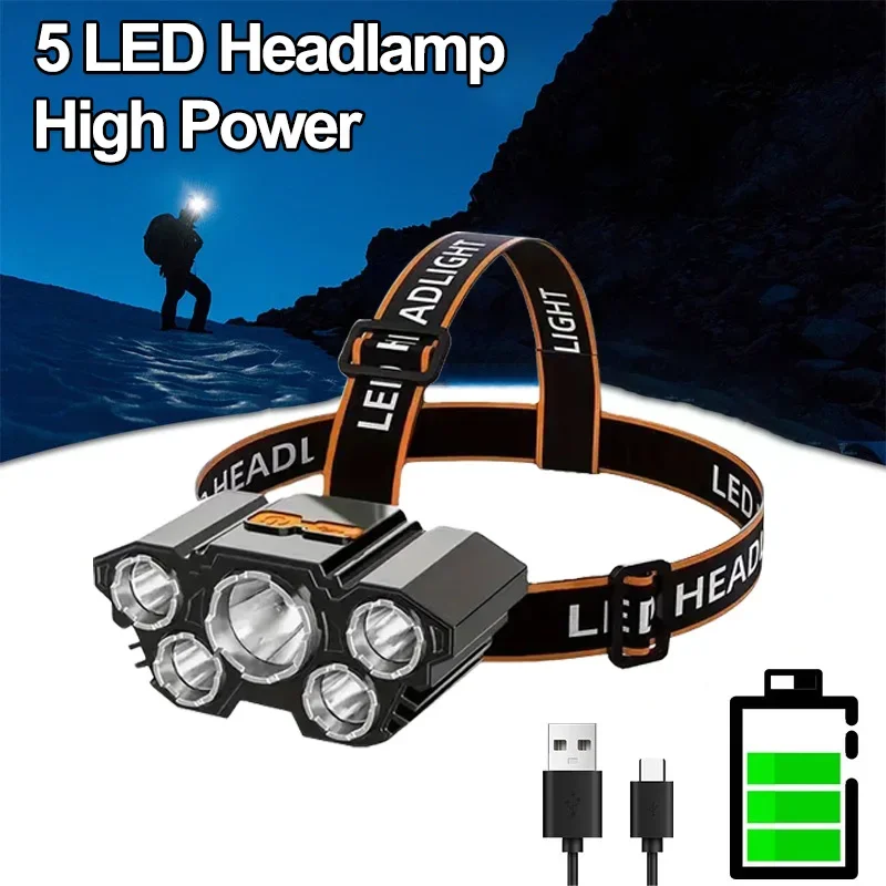 Super Bright 5 LED Výkonný svetlomet USB Nabíjateľná vstavaná vstavaná nepremokavá kempingová kempingová baterka Rybolovná lampa Lucerna