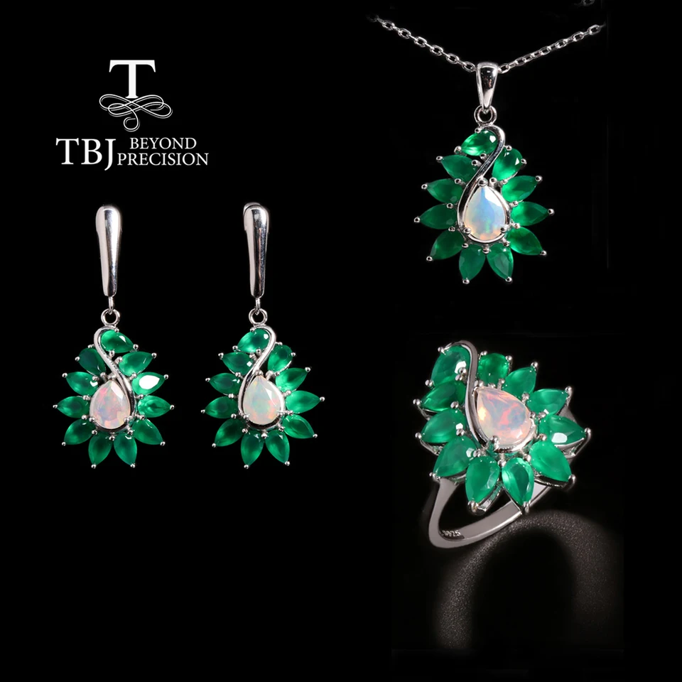 Super luxusný dizajn Zelený achát s opálom Natural Gemstone Ring náušnice Náušnice sada 925 Sterling Silver Dámske jemné šperky