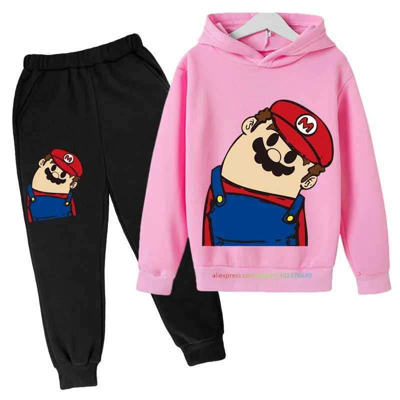 Super Mario Bros Kids mikiny nohavice oblek Cast Cast Boys Dievčatá s dlhým rukávom bavlnené mikiny deti pullover šport