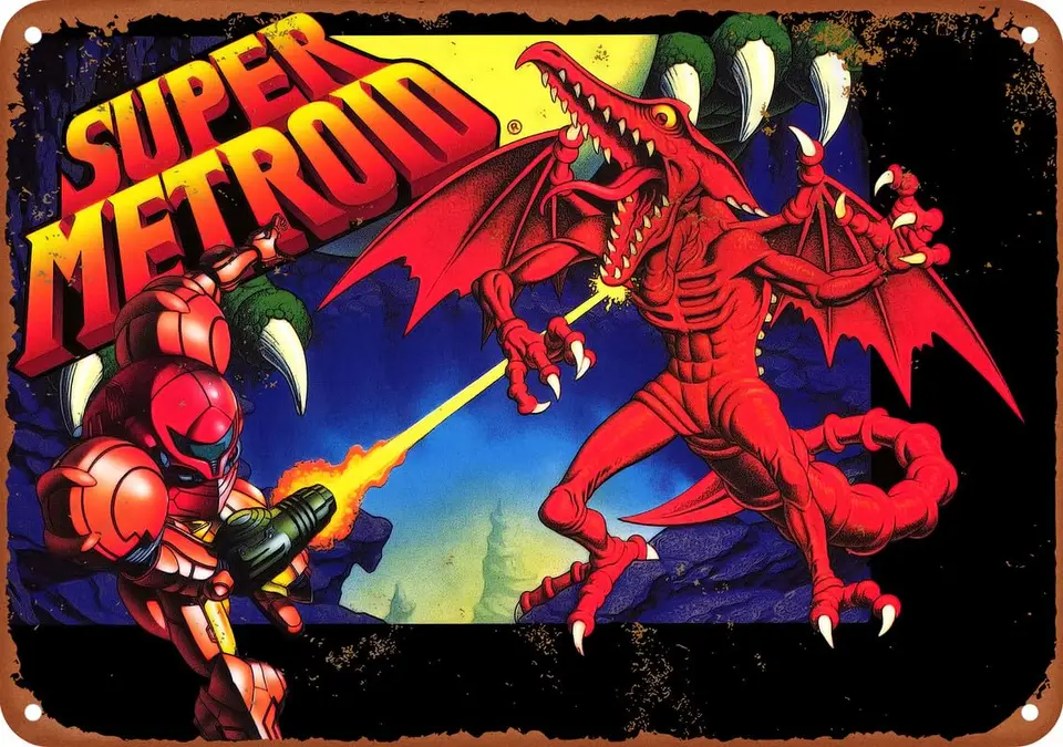 Super Metroid Video Game Gaming Plagát Art Metal Tin Sign Hliníková značka 8x12 palca Darčeky pre nástenky pre domov, ulicu, bary, reštaurácie