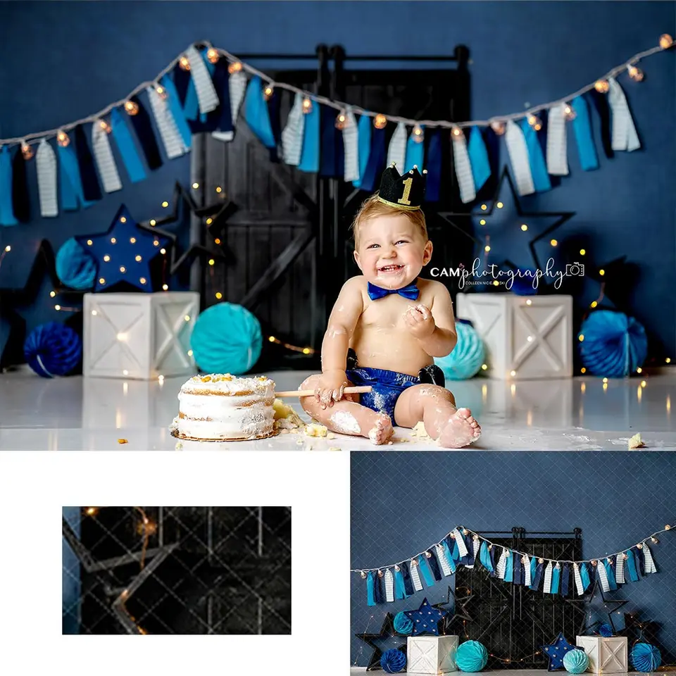 Super Star Blue Backdrop Kids Baby Cake Smash Photography Ress Boys Dospelé narodeninové štúdio pozadie