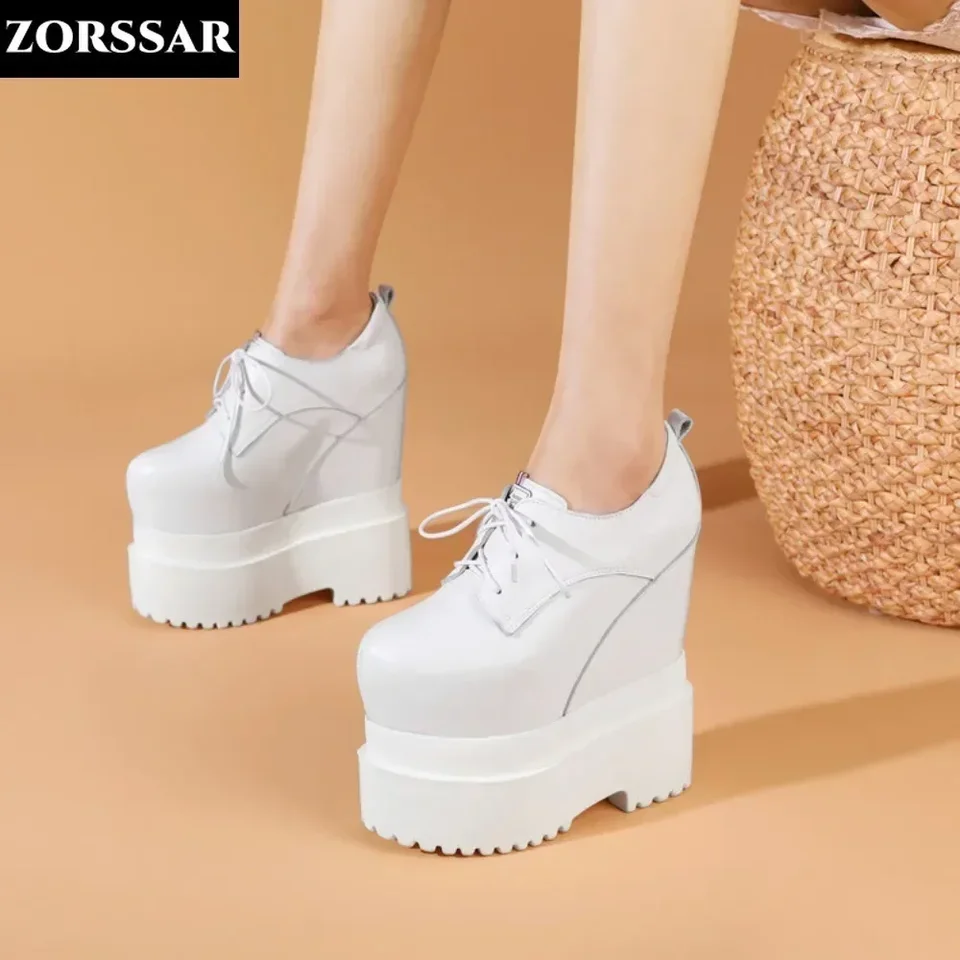 Super vysoké podpätky 18 cm platforma klinové tenisky Chunky Shoes Originálne kožené dámske topánky Spring Jeseň Walking Sneakers Fashion móda