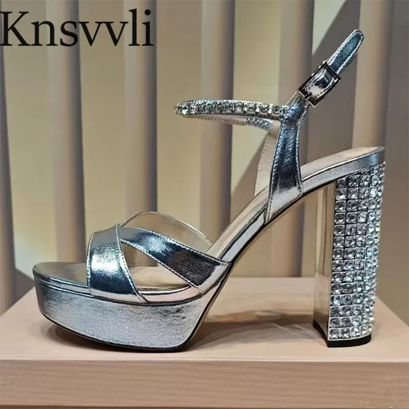 Super vysoké podpätky Platforma Sandals Woman Satin kamhienok členok členkový remienok Runway topánky krištáľové robustné podpätky gladiátor sandále Ženy