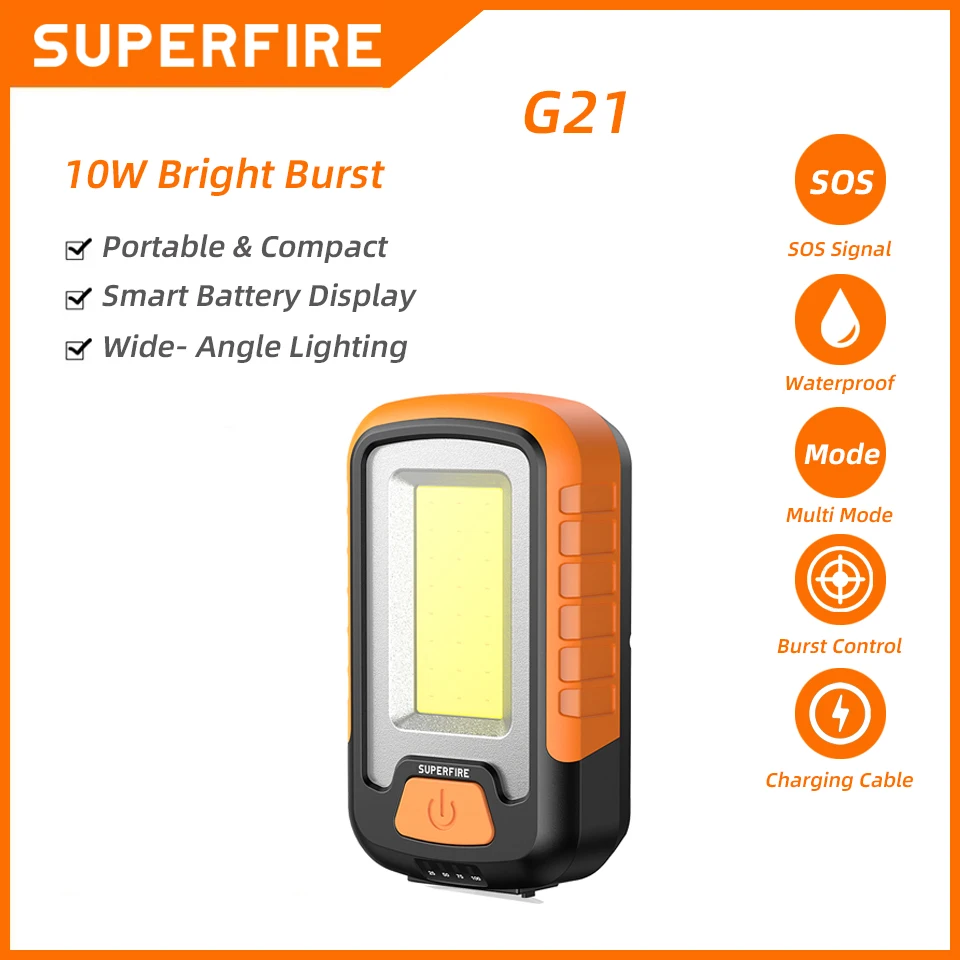 Superfire G21 Multifunkčné pracovné svetlo Cob LED LED Nabíjateľná baterka energia Banka prenosné prenosné opravy automobilu Núdzové žiarovky