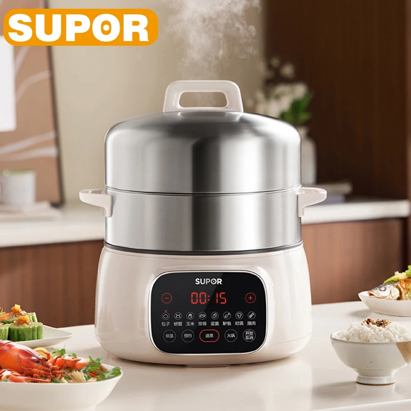 SUPOR 2 vrstva Elektrický parník Multifunkčný domácnosť Hot Pot 16L Menovanie kapacity z nehrdzavejúcej ocele Parný parník