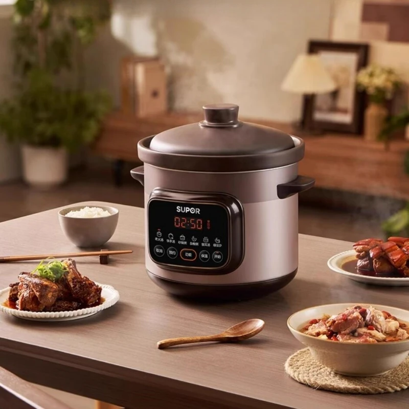 SUPor 220V Elektrický dusený hrniec Purpurová kastról 4L Purpurová keramická elektrická kastról Elektrický dusený hrniec 500 W polievkový hrniec