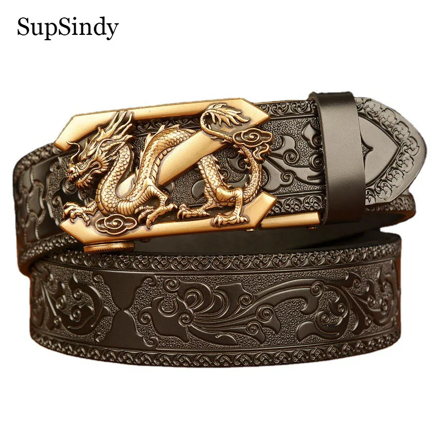 Supsindy Men Originálny kožený opasok luxusný zlatý drak kov Automatické sponky Cowhide Belts for Men