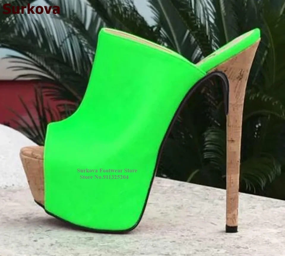 Surkova Cork tenký vysoký podpätok Platforma Platformy Neon žltá zelená otvorená špička drevené päty šaty pumps patchwork sklz-on sandále