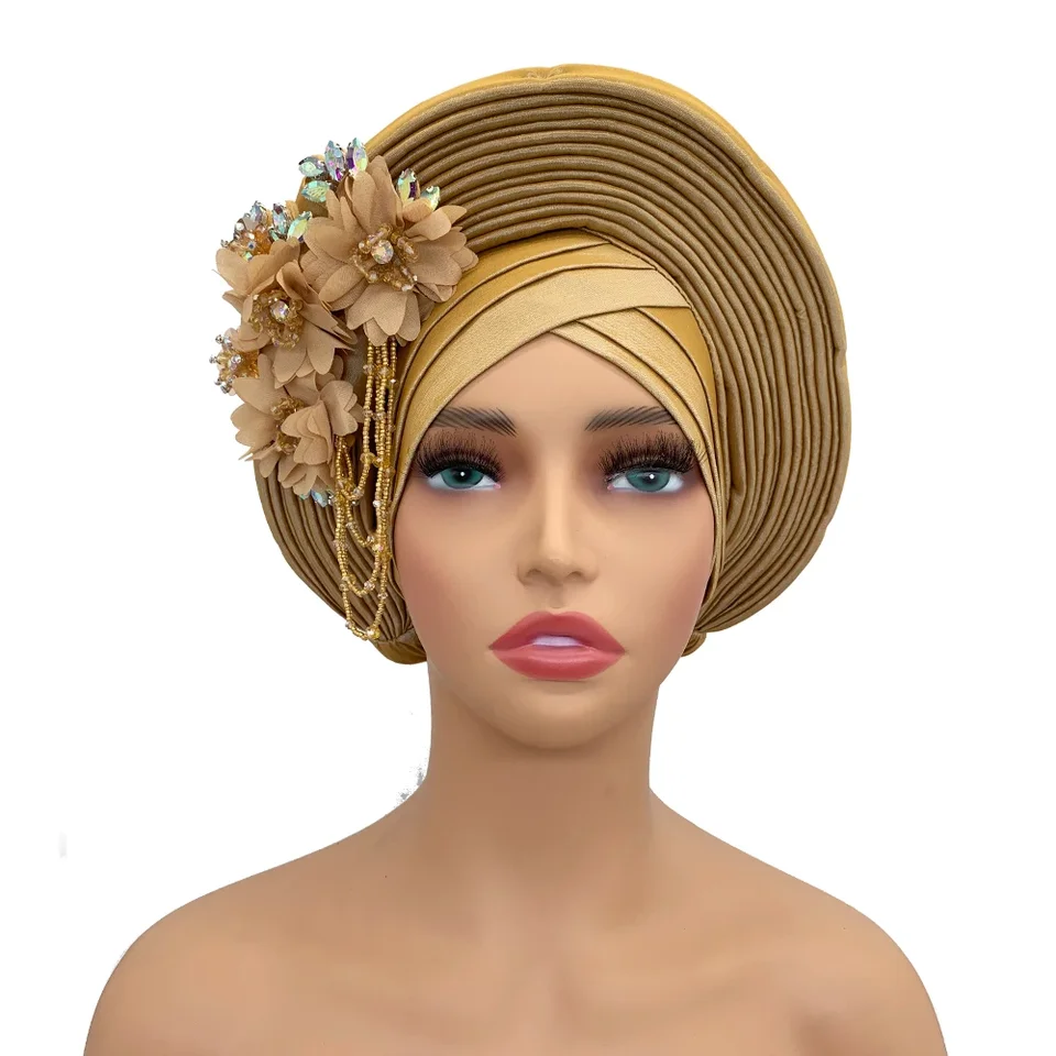 Surové hodváb Nigéria autogele africké auto gele headtie dám Turban čiapka kvetinová svadobná strana Cherak