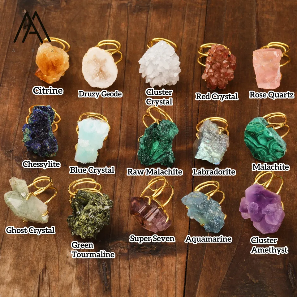 Surové minerálne drahokamy prstene, liečivý krištáľový prírodný drsný kameň Malachit chrysocolla zlatý prsteň nastaviteľné pásy Men šperky