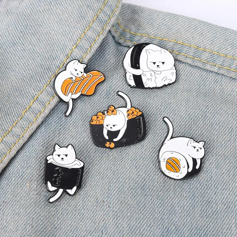 Sushi Cat Smalt Pin Vlastná kuchyňa ryža Rice Roll Cat Brošes karikatúry Mačiatko odznaky vrecko na šaty šperky darček pre milenec mačiek