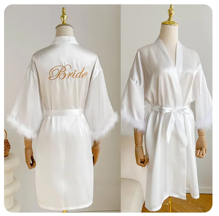 Svadobná nevesta družička Satin Satin Kimono Intímne spodná bielizeň dáma Sexy perie rukávový župan Nočná košeľa krátke spánkové oblečenie