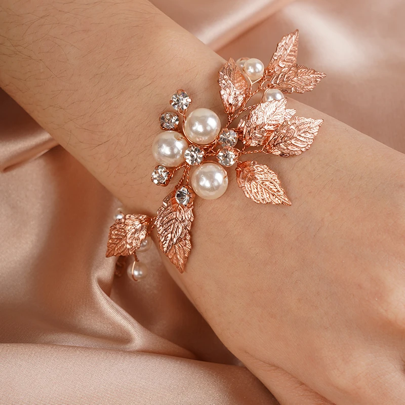 Svadobná perlová listová kamienok Náramok Trendy Crystal Vintage Strieborné zlato jednoduché svadobné nevesty družičky družičky pre ženy