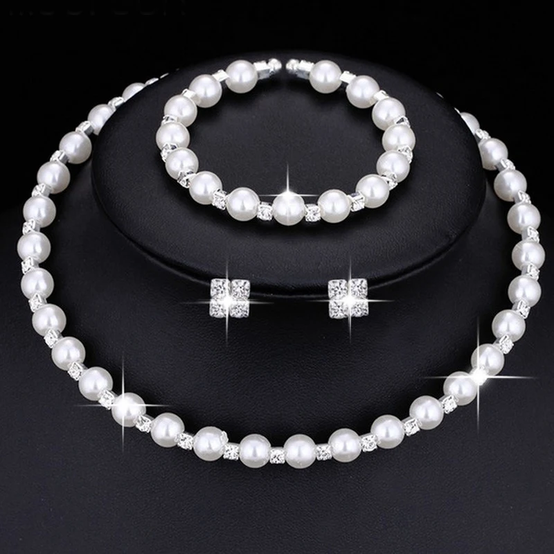 Svadobné svadobné šperky sada Pearls Prom Strieborná farba krištáľový náramok náhrdelníkov pre dámske súpravy šperkov