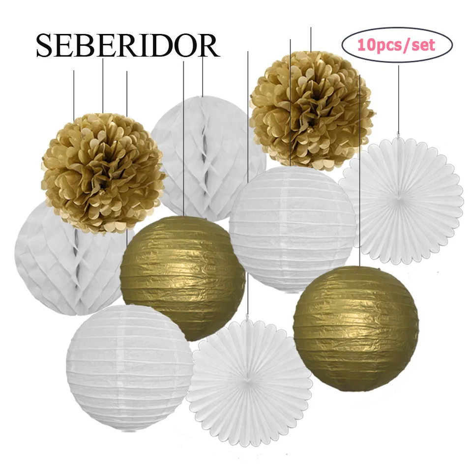 Svadobné výročie Party uprednostňuje zlatý biely set okrúhly papier Lanternka chlapče, dievča Krst Decor Fan Faner